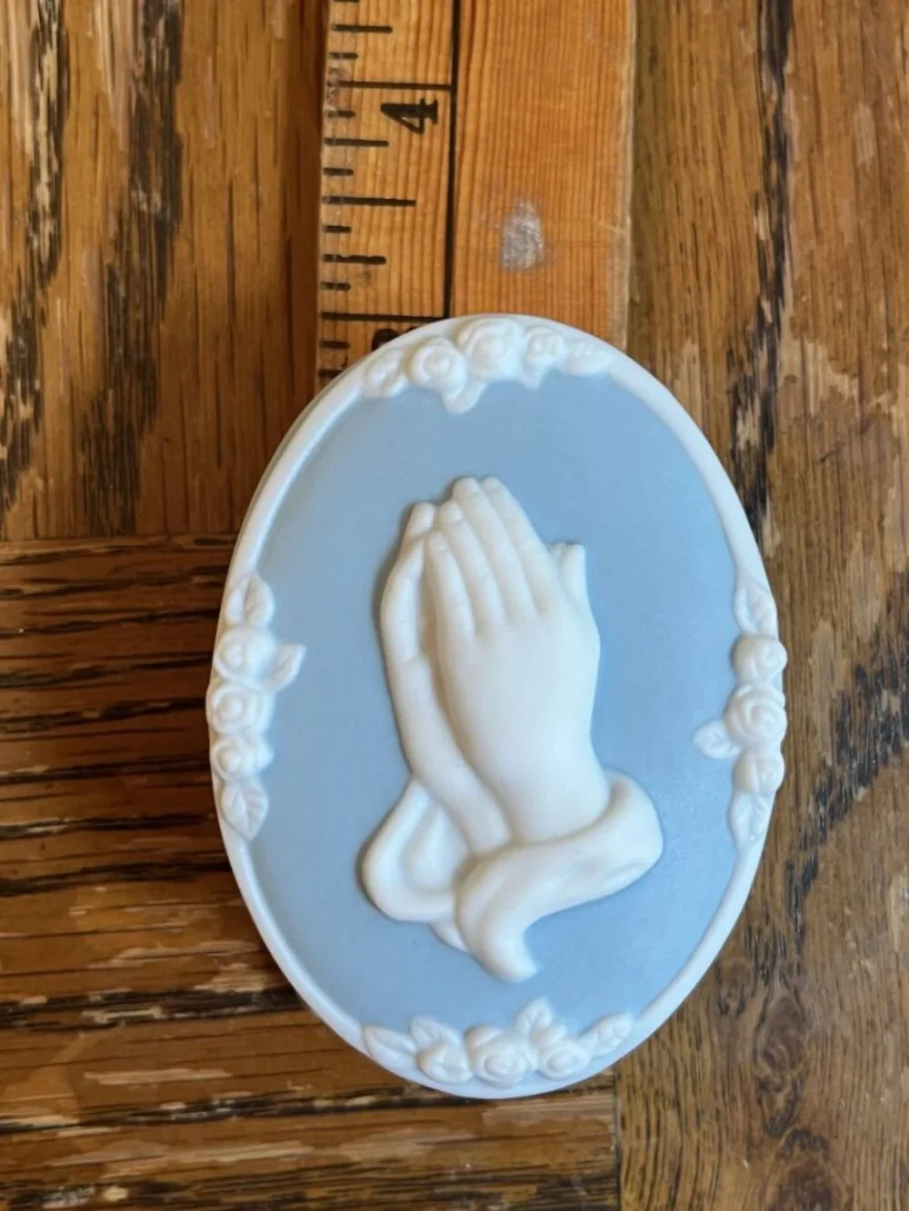 JCM Praying Hands Light Blue & White Oval Lidded Trinket Box With Floral Detail